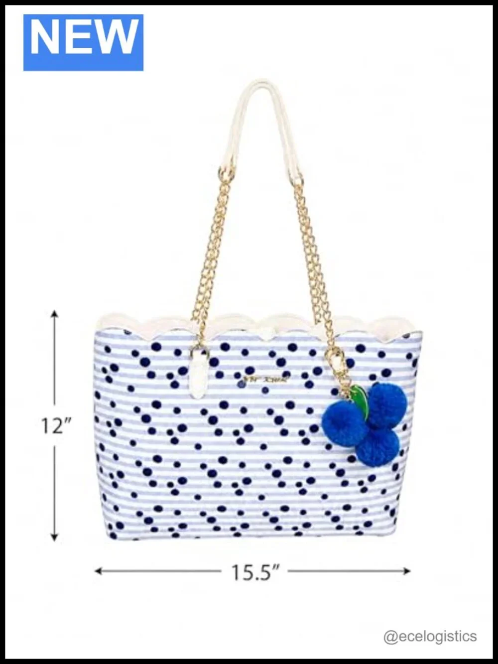 Embroidered Woven Tote Purse with Cherry Pattern, Chain Handles